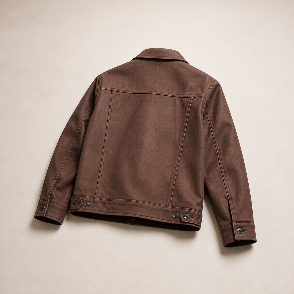 Turn-down collar detail on men's suede jacket