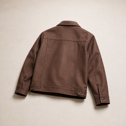 Turn-down collar detail on men's suede jacket
