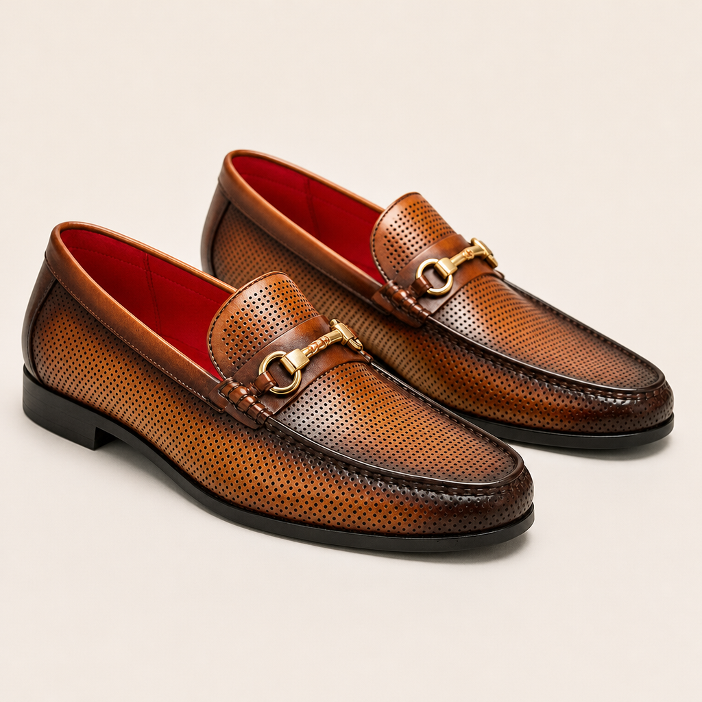 Men's light brown leather loafers with horse-bit detail