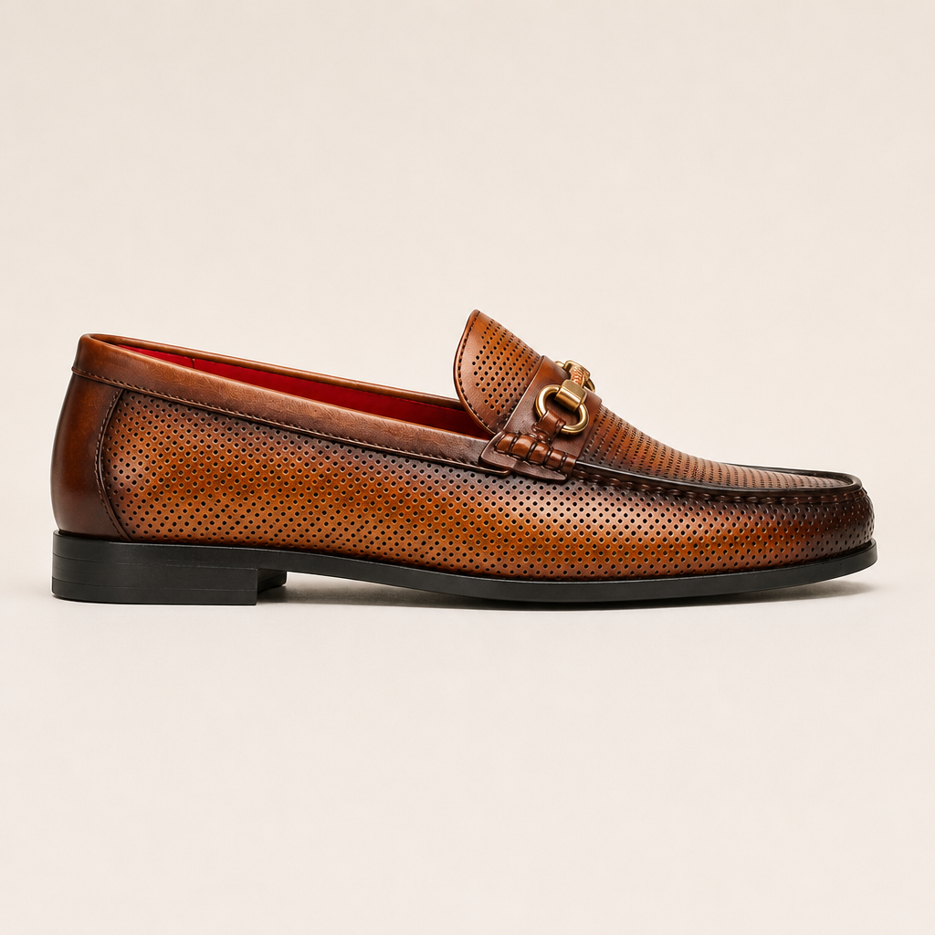 Black slip-on leather shoes with round toe