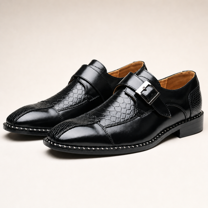 Low-profile men's leather shoes with belt buckle