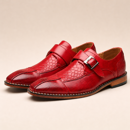 Men's pointed leather shoes with belt buckle, red color