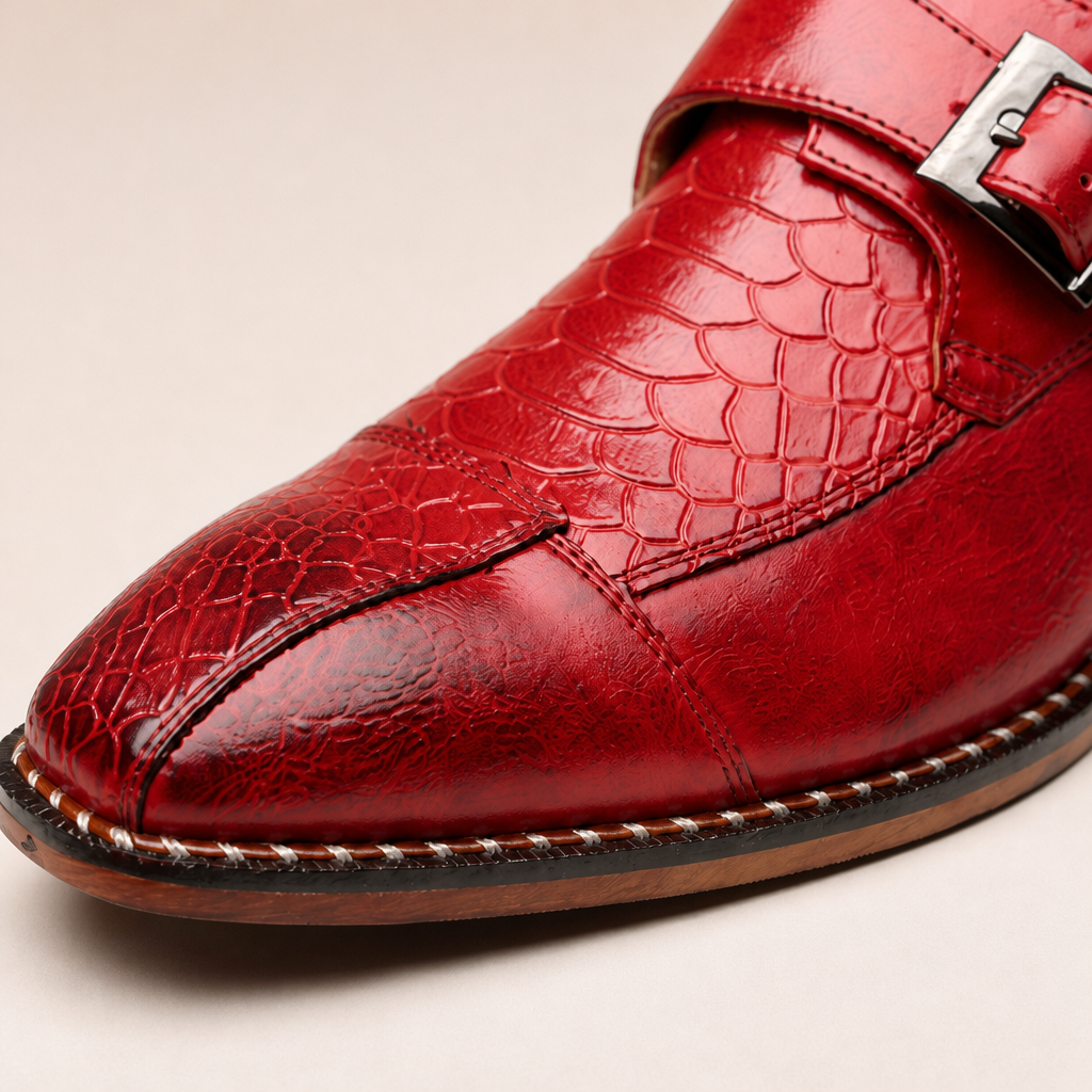 Black men's leather shoes with pointed toe and buckle