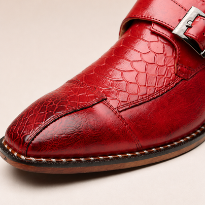 Black men's leather shoes with pointed toe and buckle