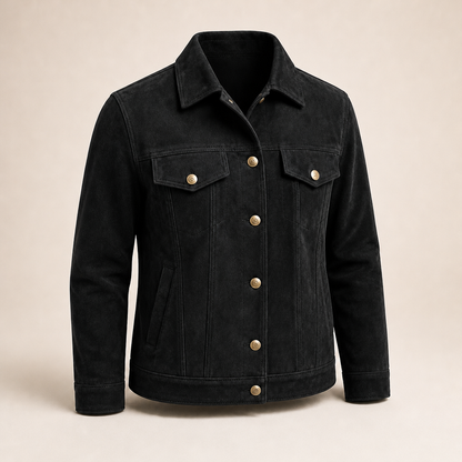 Model wearing black men's jacket