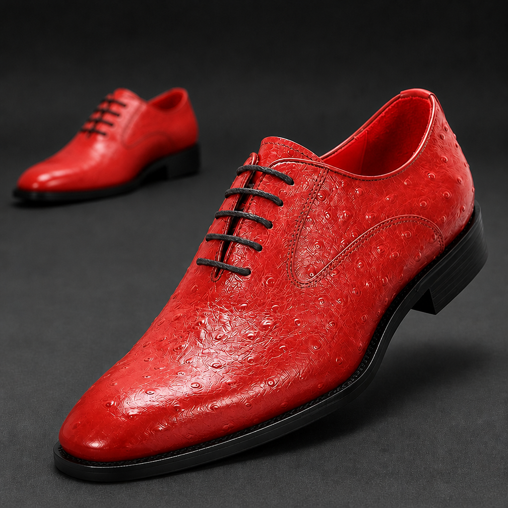 Red men's leather shoes, round toe