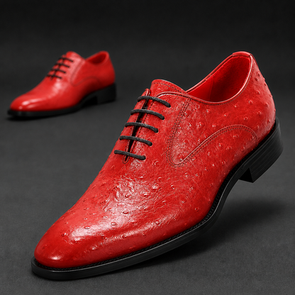 Red men's leather shoes, round toe