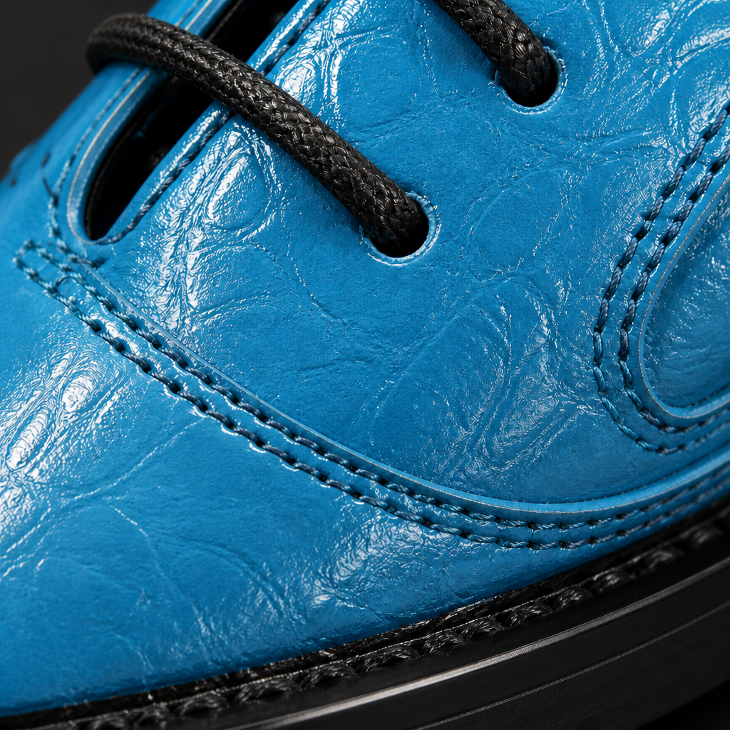 Navy Blue men's leather shoes with ostrich pattern