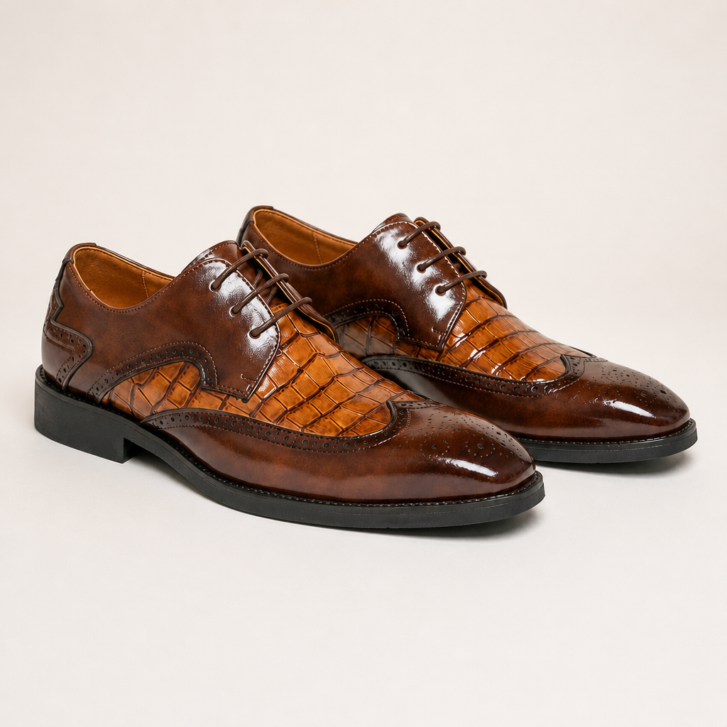 Men's brown leather formal shoes with round toe